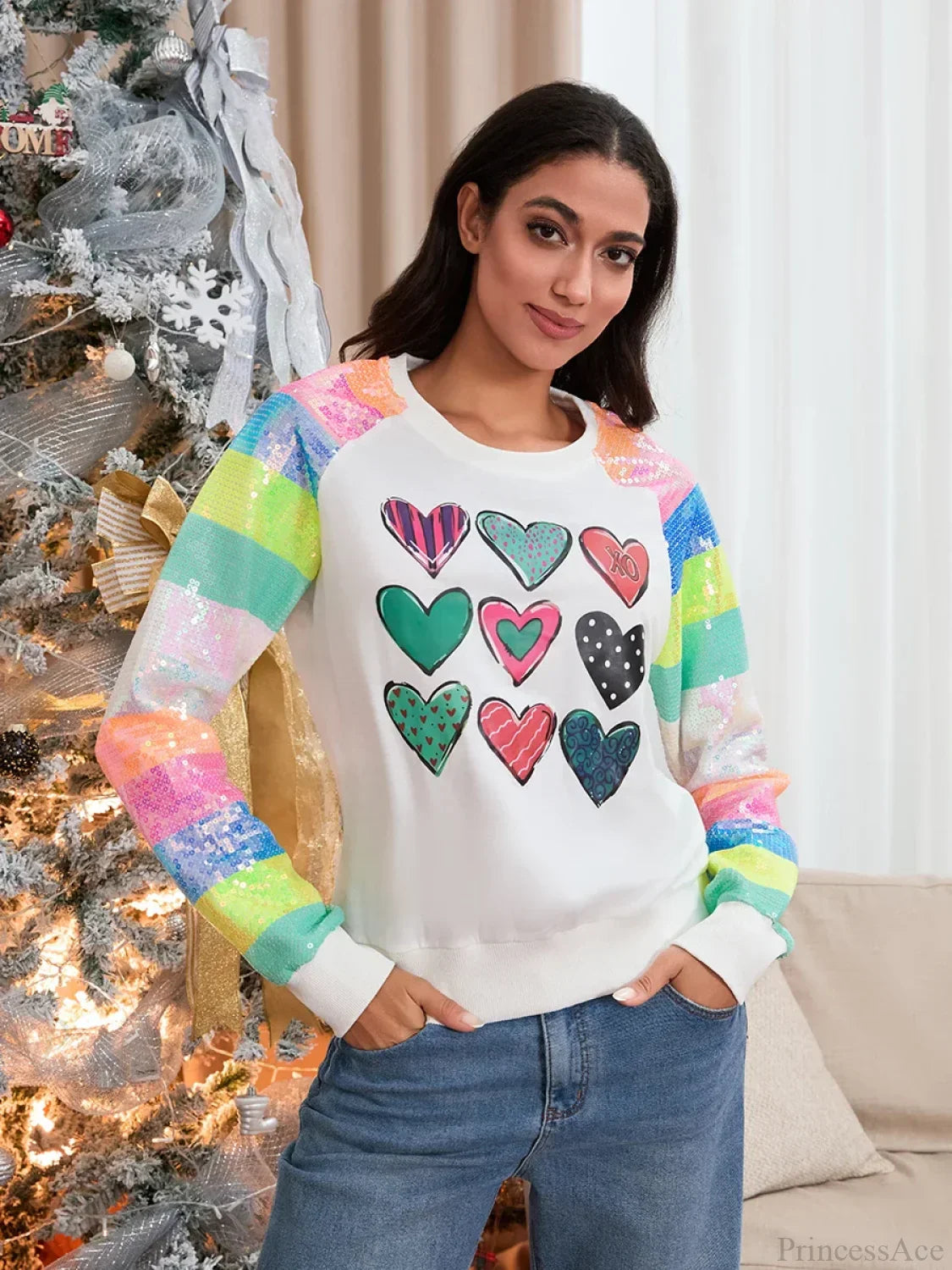 Cute Casual Autumn Patchwork Long Sleeve Sequined Christmas Sweater Sweaters-L