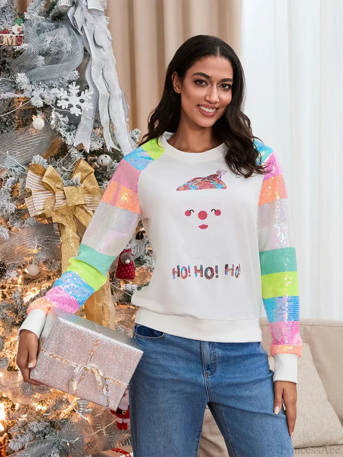 Cute Casual Autumn Patchwork Long Sleeve Sequined Christmas Sweater Sweaters-L