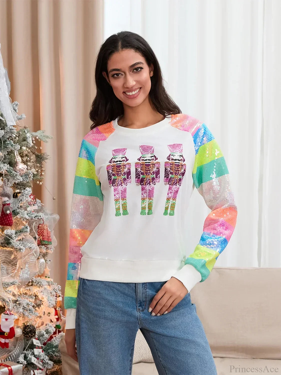 Cute Casual Autumn Patchwork Long Sleeve Sequined Christmas Sweater White1 / S Sweaters-L