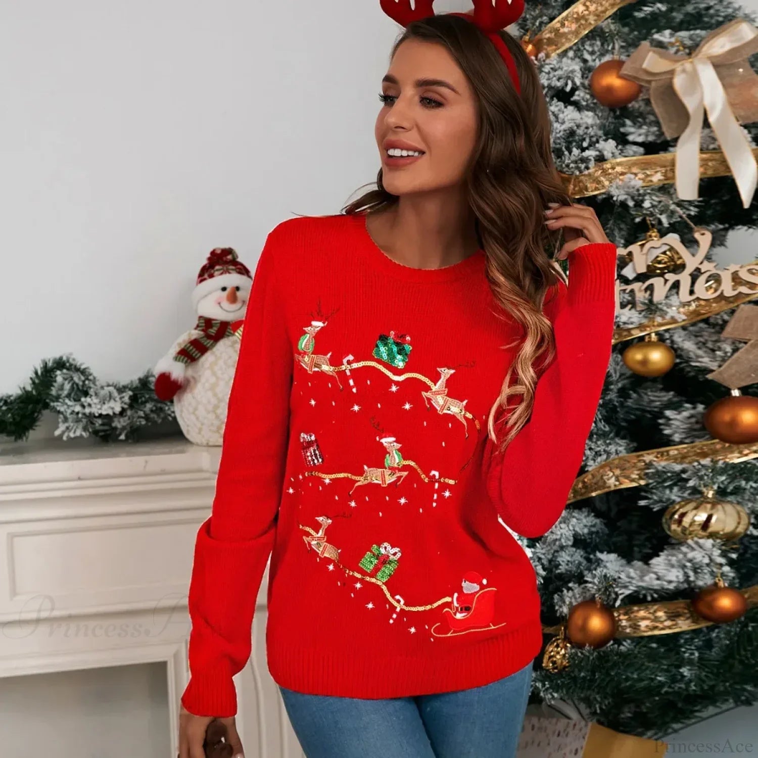 Cute Christmas Embroidery Long Sleeve New Knitted Sweater Sweaters-L