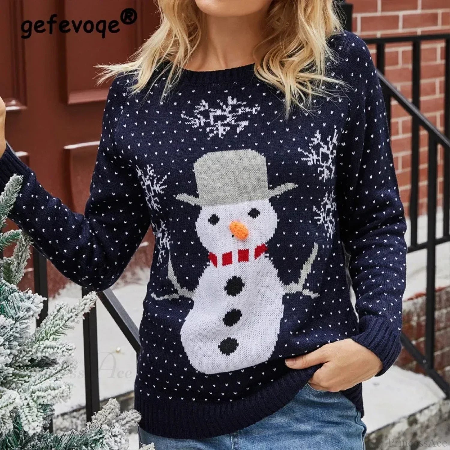 Cute Funny Snowman Jacquard Christmas Knitted Autumn Winter Loose Sweater Sweaters-L