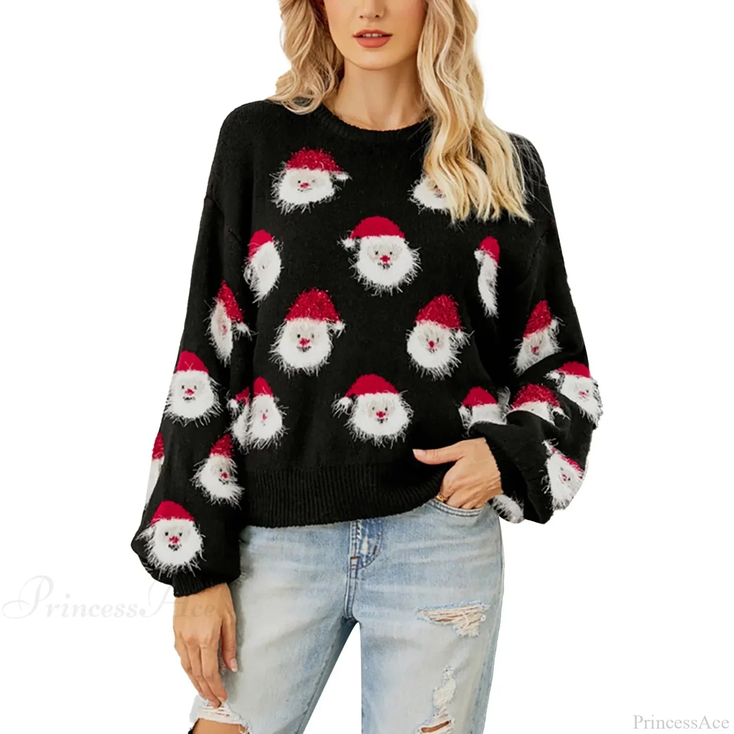 Cute Santa Head Pattern Winter Fleece Crewneck Christmas Sweater Black / S Sweaters-L