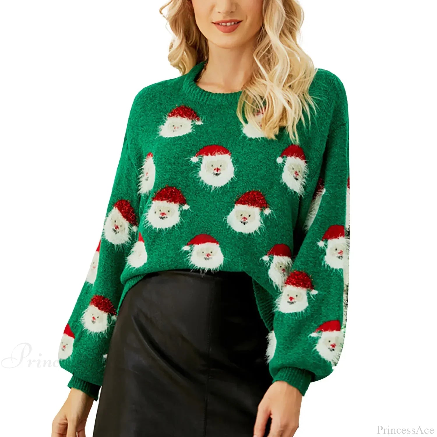 Cute Santa Head Pattern Winter Fleece Crewneck Christmas Sweater Green / S Sweaters-L