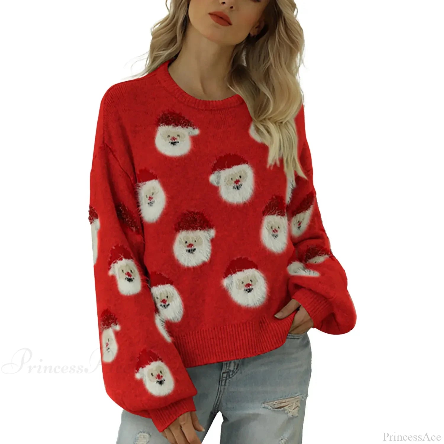 Cute Santa Head Pattern Winter Fleece Crewneck Christmas Sweater Red / S Sweaters-L