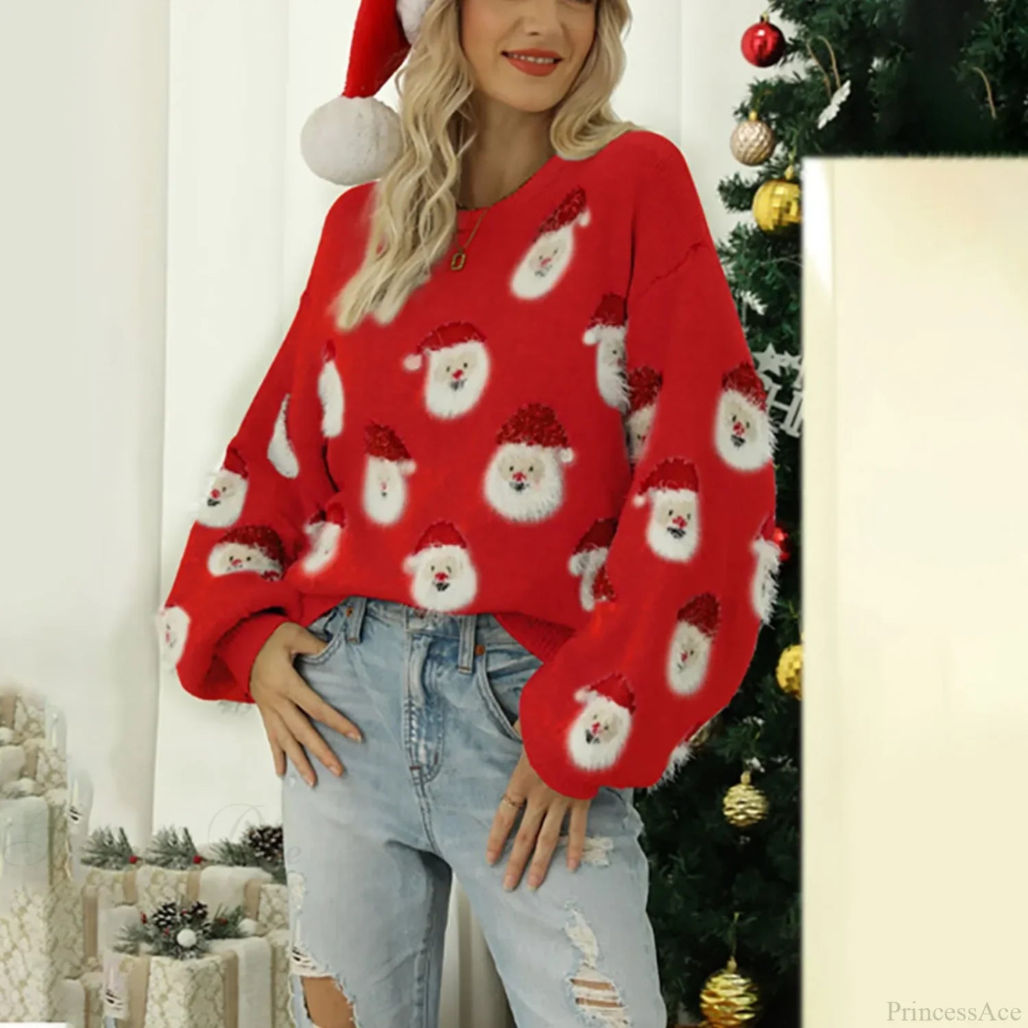 Cute Santa Head Pattern Winter Fleece Crewneck Christmas Sweater Sweaters-L