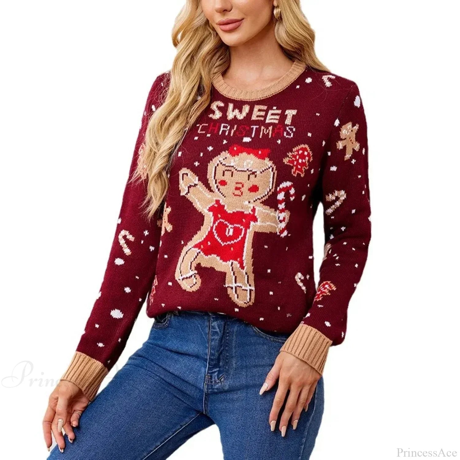 Cute Sweet Gingerbread Man Pattern Loose Fitting Casual Christmas Sweater Sweaters-L