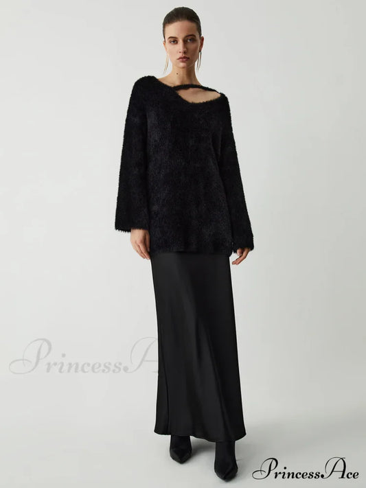 Cutout Fuzzy Graceful Knit Top Sweaters-L