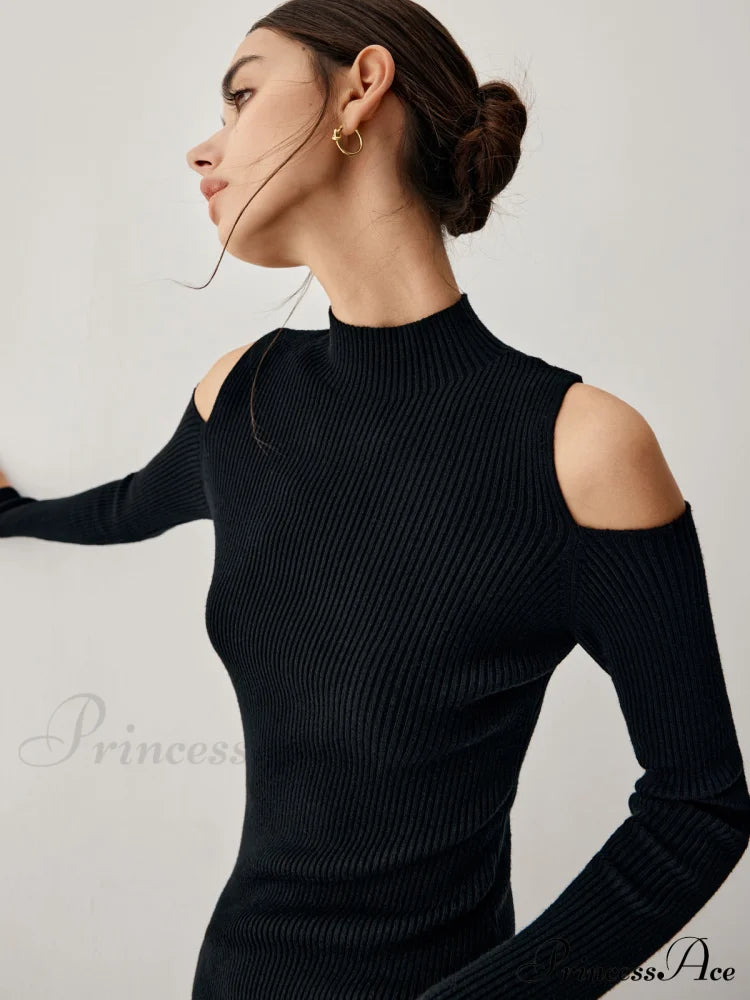 Cutout Mock Neck Long Modern Sleeve Midi Sweater Dress Sweaters-L