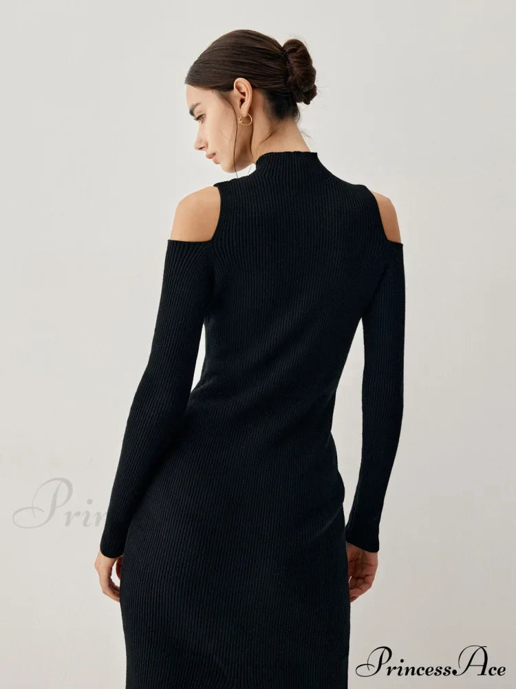 Cutout Mock Neck Long Modern Sleeve Midi Sweater Dress Sweaters-L