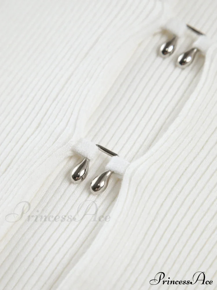 Cutout Split Beads Trendy Detail Ribbed Knit Top Sweaters-L