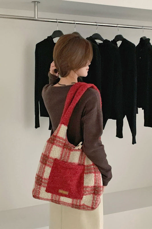 Christmas Red Plaid Faux Fur Panel Tote Shoulder Bag