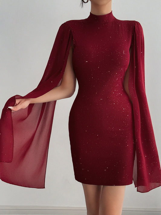 Rhinestone Spliced Round Neck Slim Fit Mini Dress