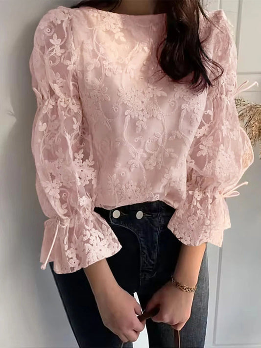 Lace Embroidery Puff Sleeve Bloshope
