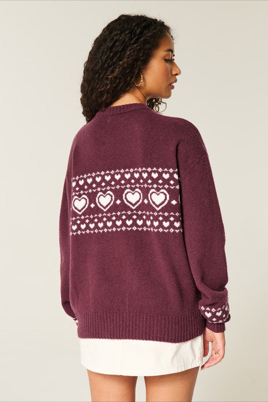 Heart Fair Isle Striped Long Sleeve Knit Sweater