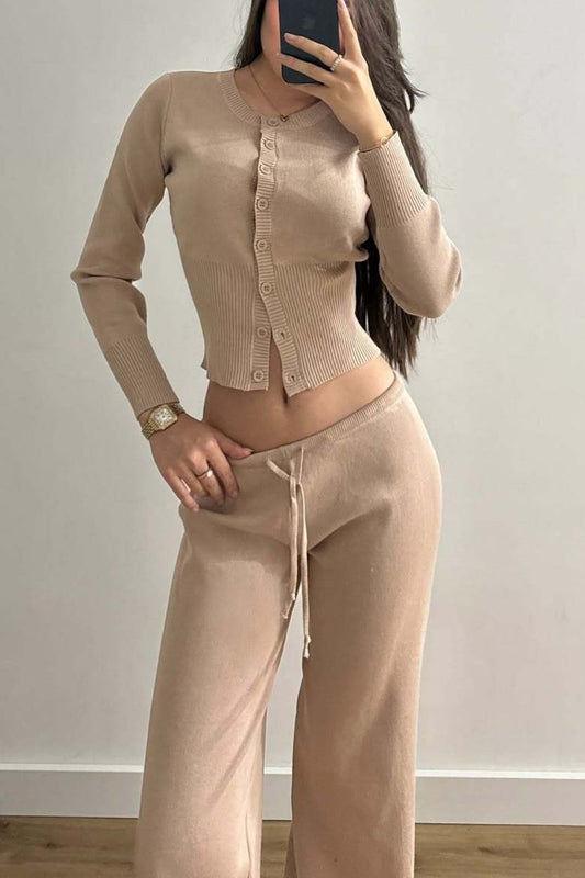 Sexy Fitted Buttoned Long-Sleeve Low-Rise Knit Two Piece Set