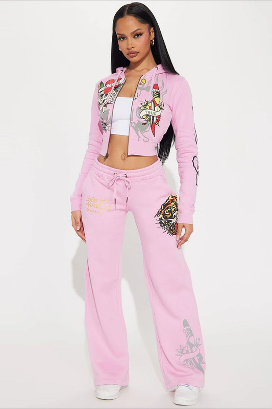 Color Block Print Slim Crop Two Piece Set