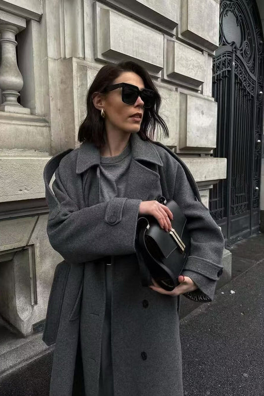 Double-Breasted Belted Slim-Fit Woolen Long Overcoat