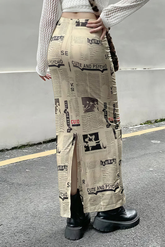 Y2K Vintage Newspaper Split Skirt
