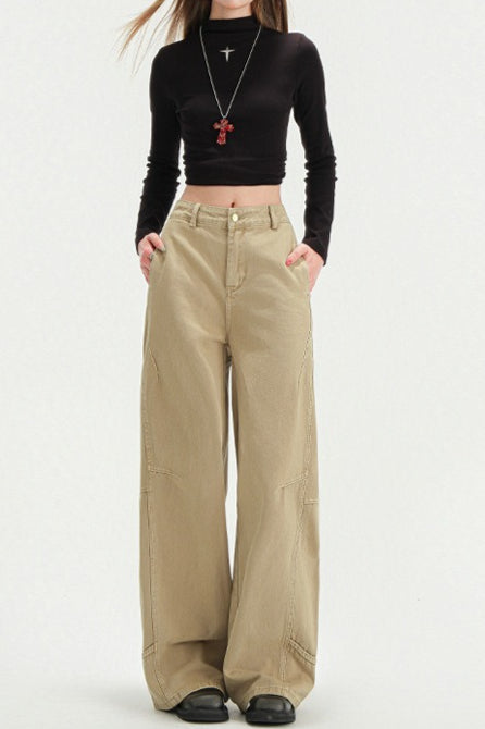 Khaki Panel Barrel-Leg Jeans