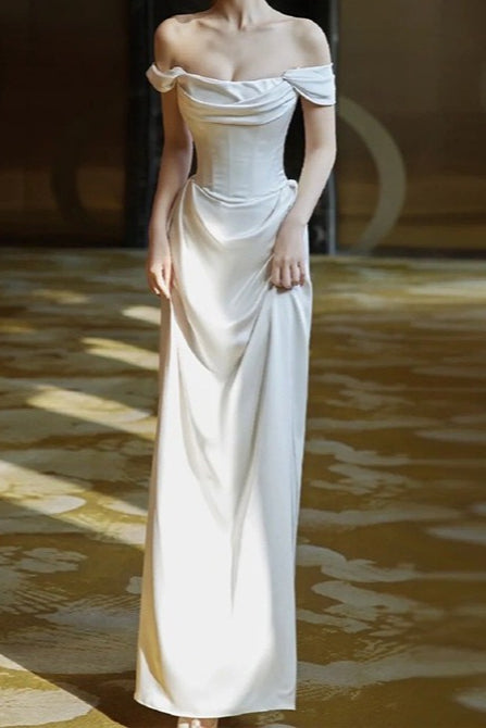 Off Shoulder Wine Red Satin Formal Dress