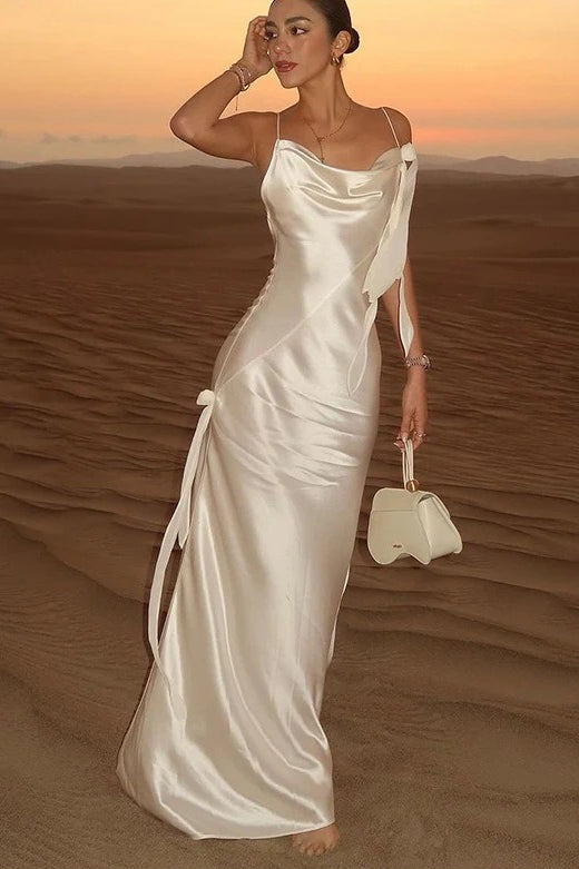 Solid Satin Floral Backless Elegant Maxi Dress