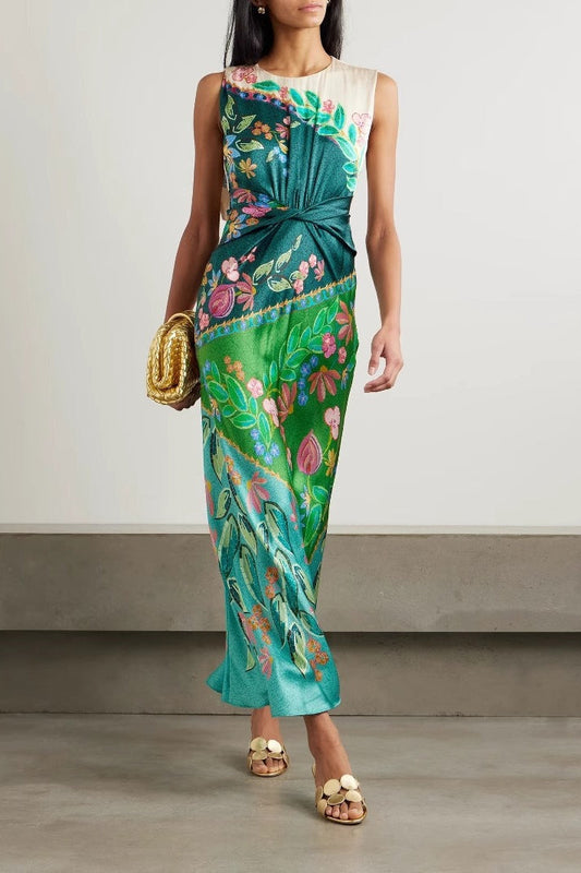 Satin Knot Front Sleeveless Midi Dress