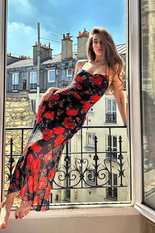 Floral Print Spaghetti Strap Bodycon Floral Dress