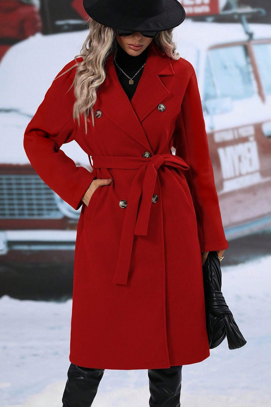 Classic Double Breasted Wool Belted Chic Overcoat