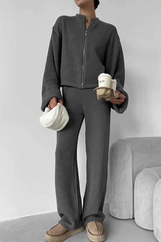 Ribbed Knit Zip Jacket Wide Leg Pants Set