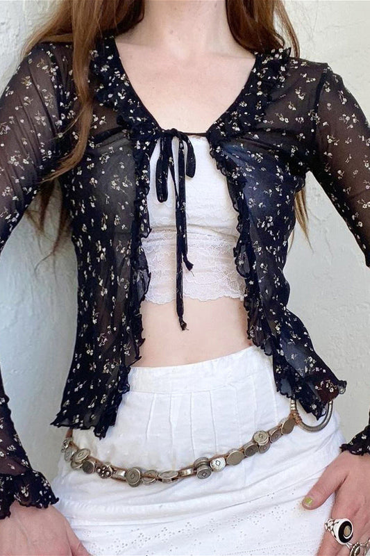 French Vintage Floral Bow Tie Tulle Cardigan Bloshope