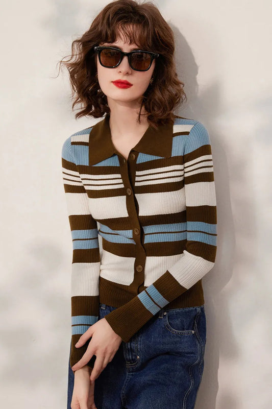 Striped Knit Turn-down Collar Cardigan