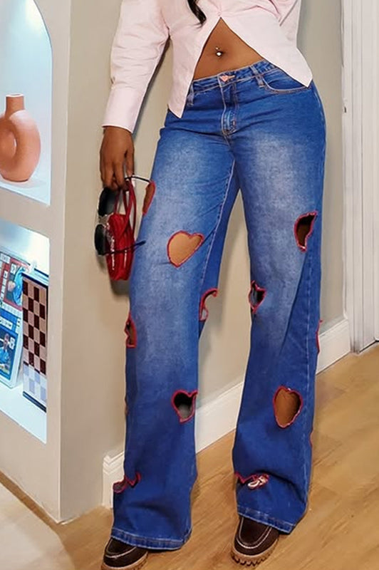 High Waist Heart Cutout Straight Jean