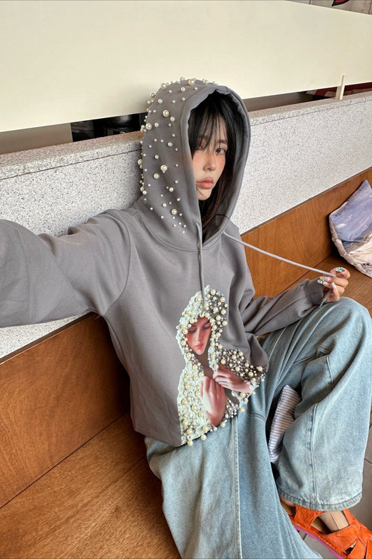 Beaded Graphic Print Edgy Streetwear Hooded Oversized Hoodie