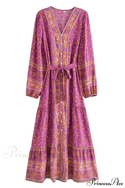 Deep V-neck Floral Long Sleeve Cotton Boho Dress