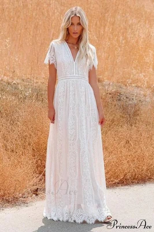 Deep V-neck Lace Hollow Out Vintage White Boho Dress