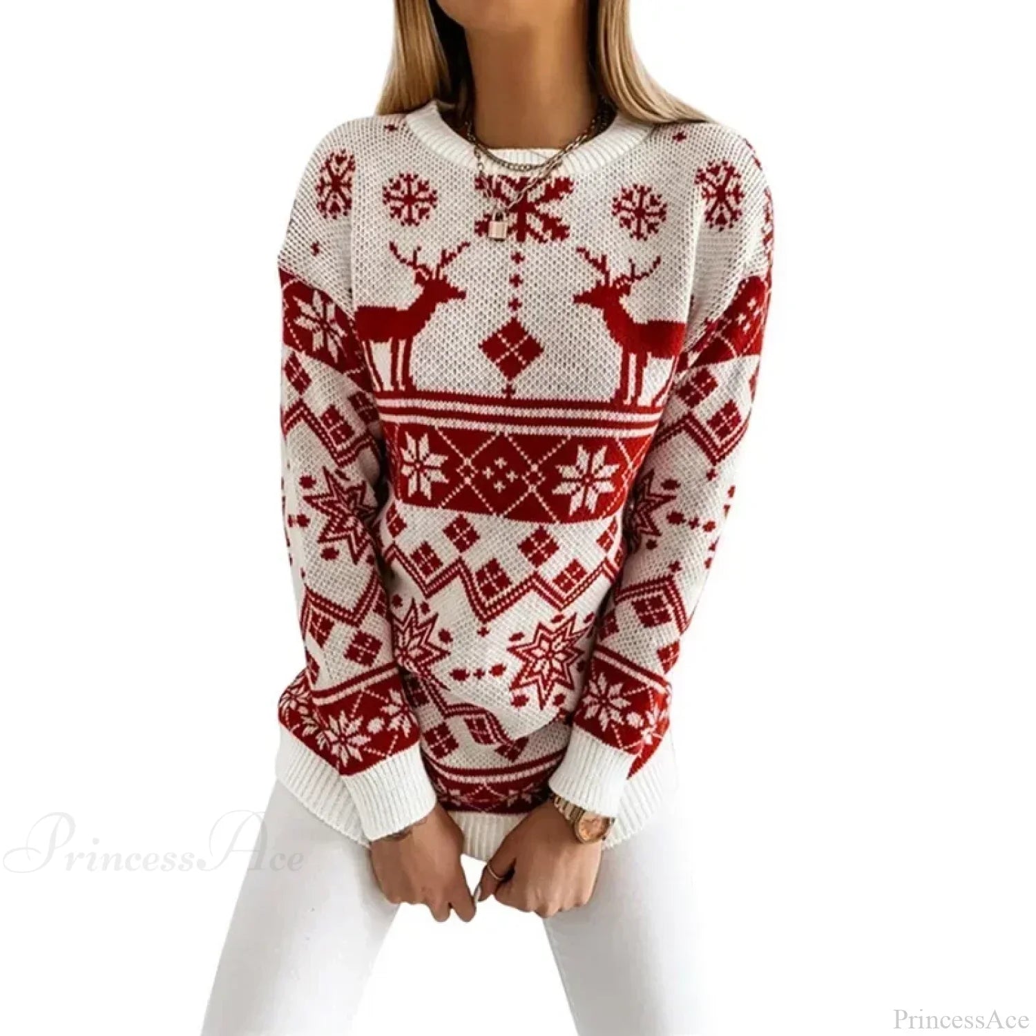 Deer Print Casual Loose Long Sleeve O Neck Warm Jacquard Knitwear Christmas Sweater Red / S