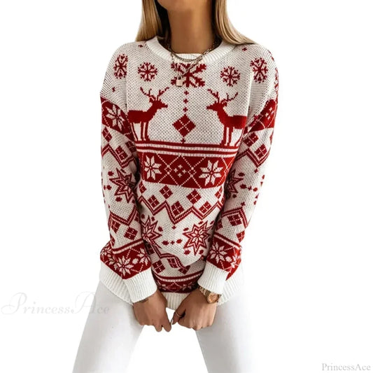 Deer Print Casual Loose Long Sleeve O Neck Warm Jacquard Knitwear Christmas Sweater Red / S