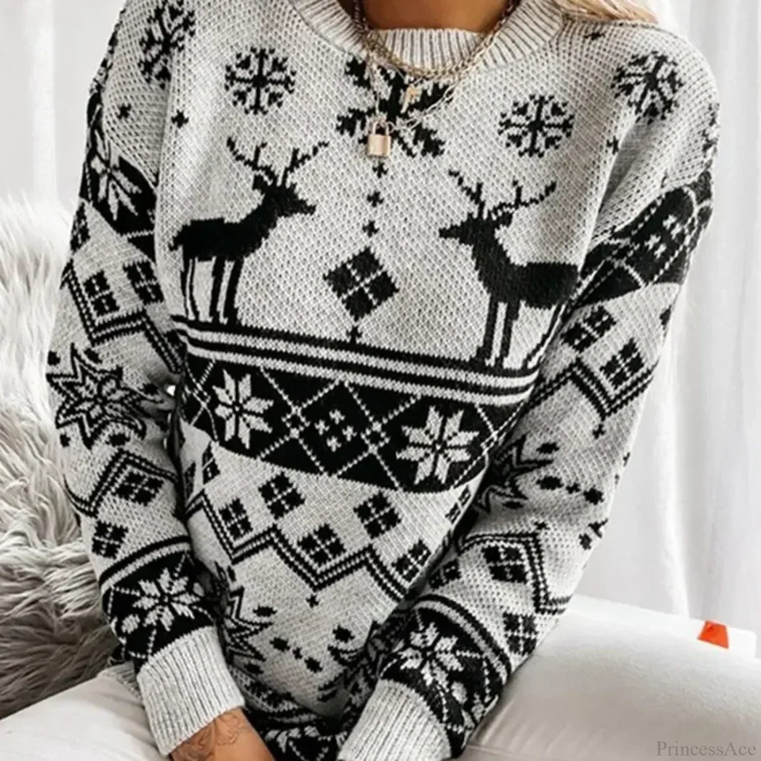 Deer Print Casual Loose Long Sleeve O Neck Warm Jacquard Knitwear Christmas Sweater Sweaters-L