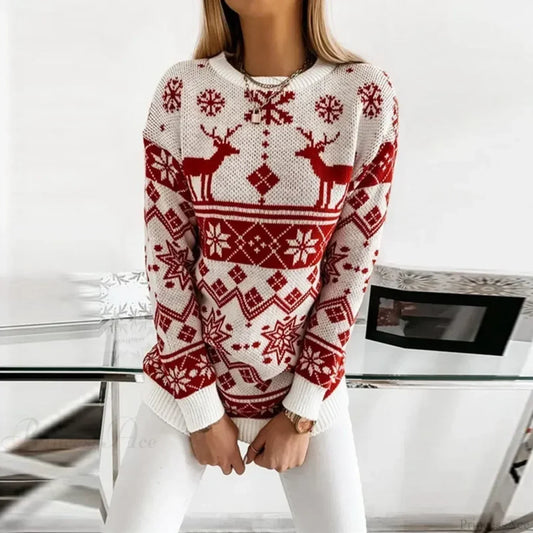 Deer Print Casual Loose Long Sleeve O Neck Warm Jacquard Knitwear Christmas Sweater Sweaters-L