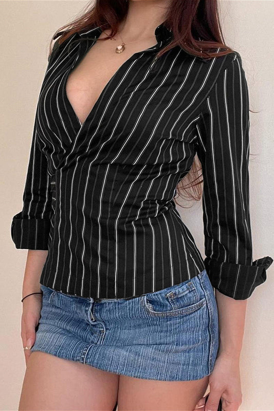 Woven Striped Collared Tie Waist Long Sleeve Bloshope