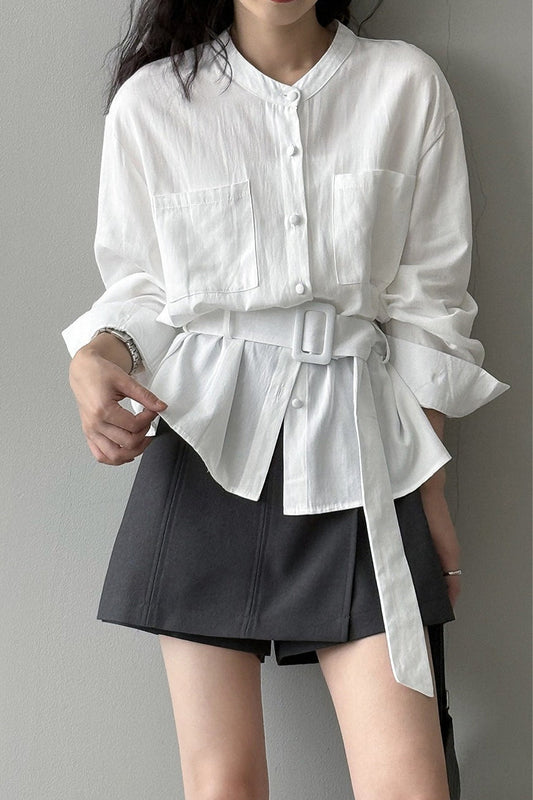 Vintage Waist Cinched Belted Long Sleeve Bloshope