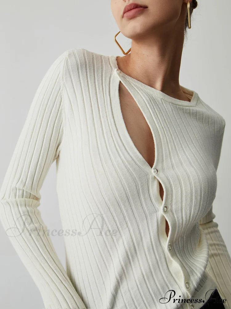 Diagonal Buttoned Rib Trendy Long Sleeve Top Sweaters-L