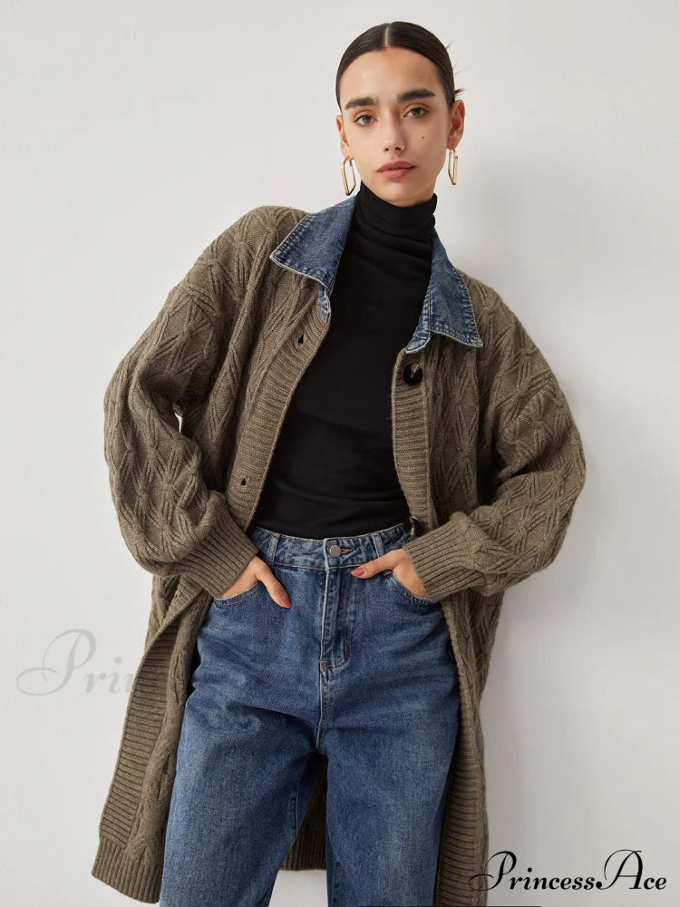 Diamond Stitch Graceful Knitting Longline Cardigan Khaki / S Sweaters-L