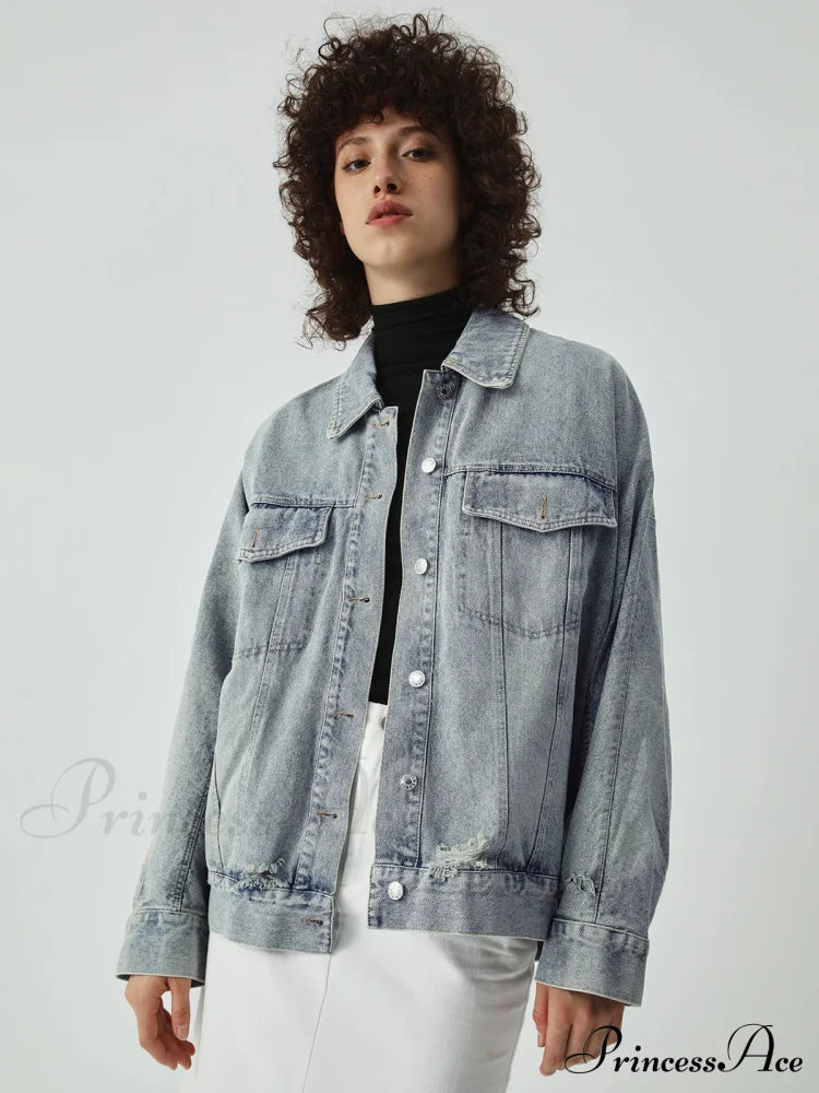 Distressed Detail Graceful Denim Jacket Coats-L