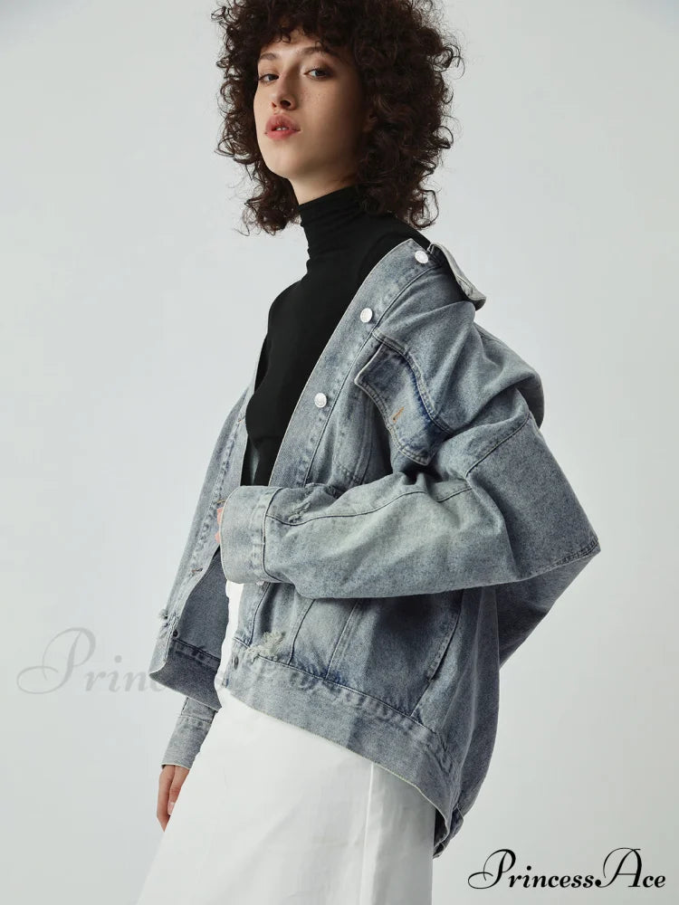 Distressed Detail Graceful Denim Jacket Coats-L