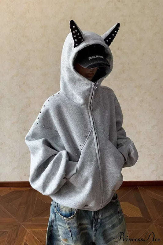 Doberman Ear Trimmed Rivet Patchwork Cropped Zip Hoodie