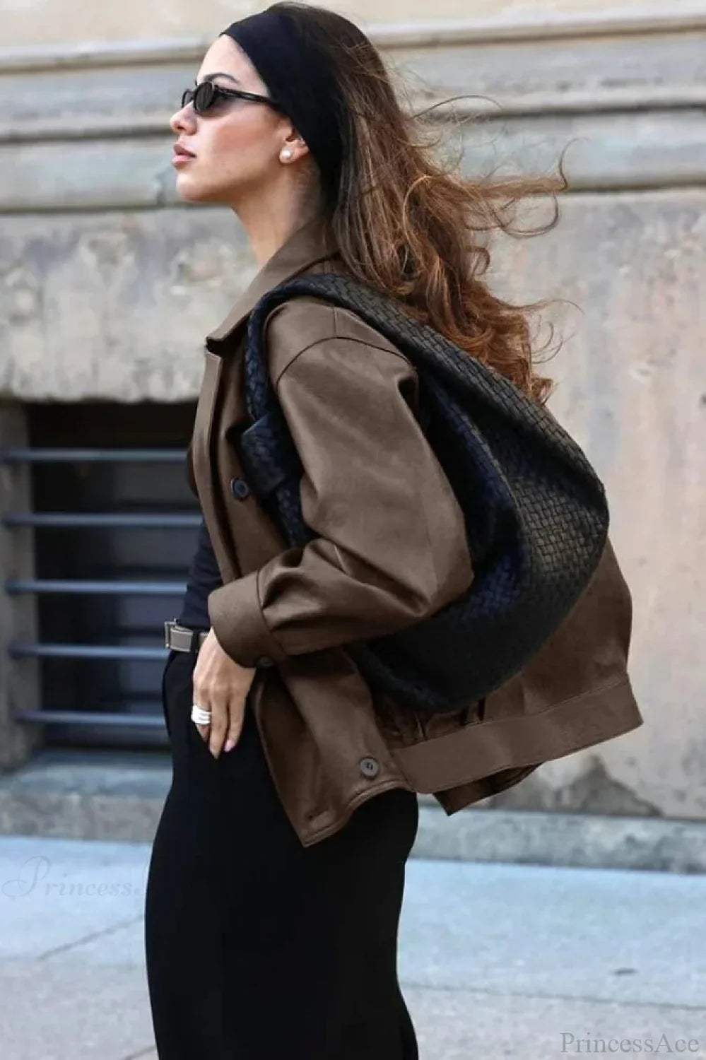 Double Breasted Black Lapel Leather Coat