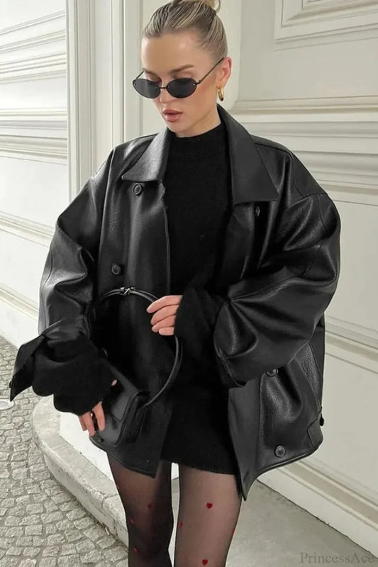 Double Breasted Black Lapel Leather Coat