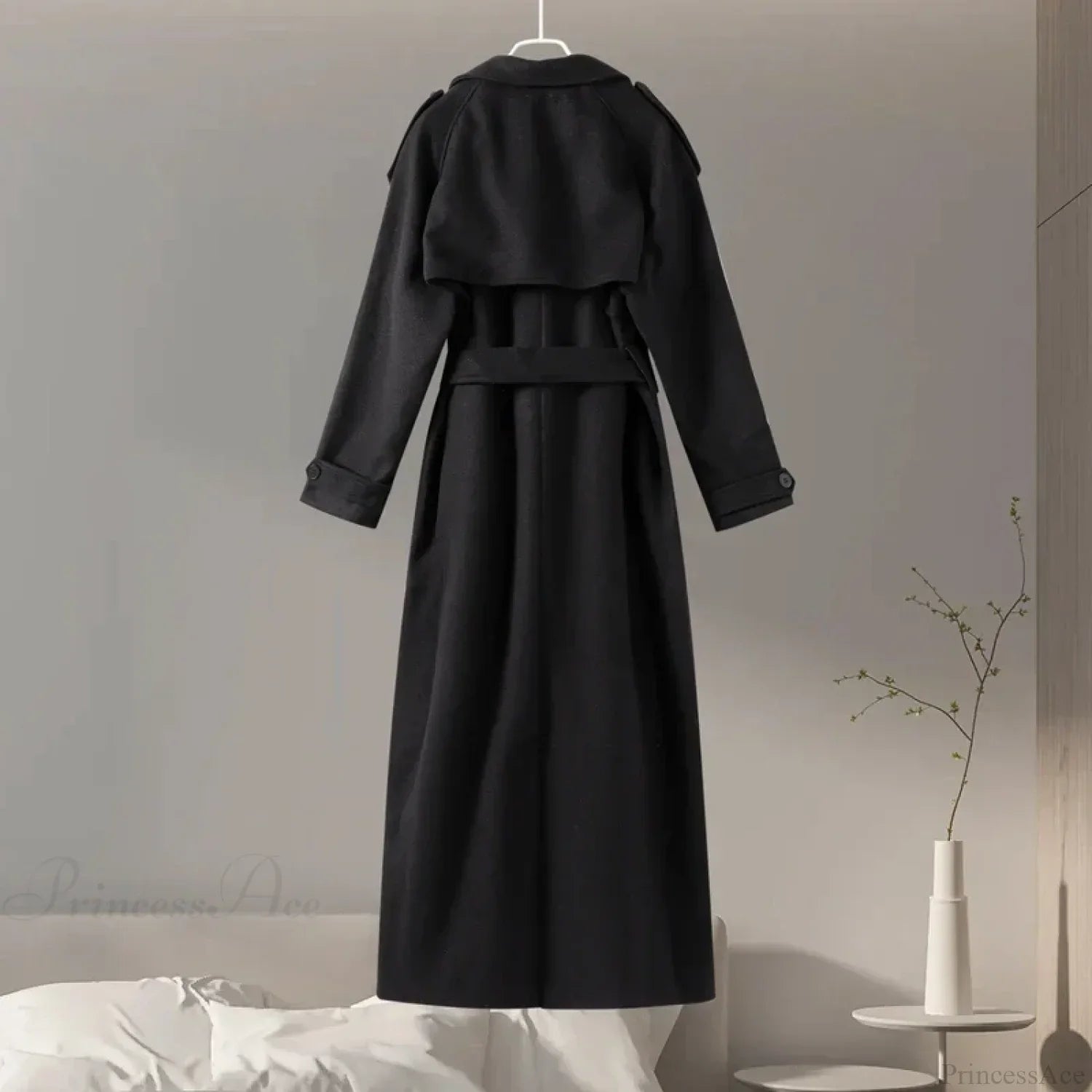 Double-Breasted Wool Belted Overcoat Black / S