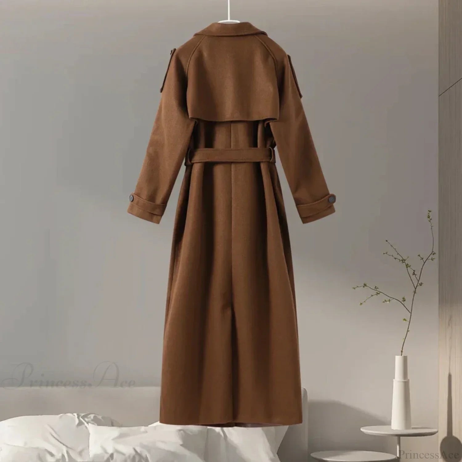 Double-Breasted Wool Belted Overcoat Brown / S